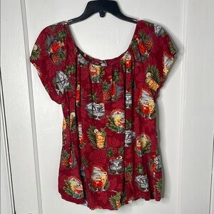 Hilo Hattie XL Peasant Top Beach Mixed Drinks Red Yellow Cap Sleeve Blouse Flowy